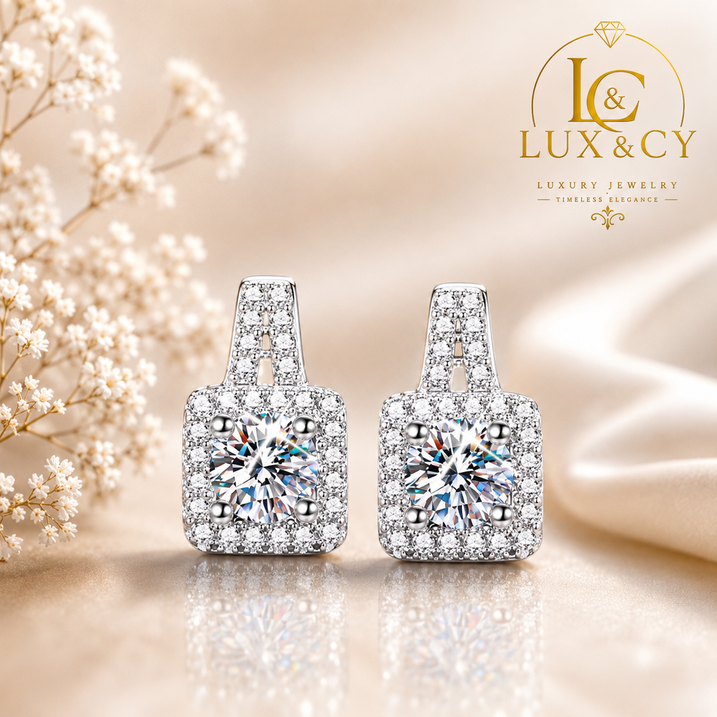 Boucles d'Oreilles Moissanite 1CT Taille Princesse PT950 Platine Poli Élégantes Intemporelles Femme