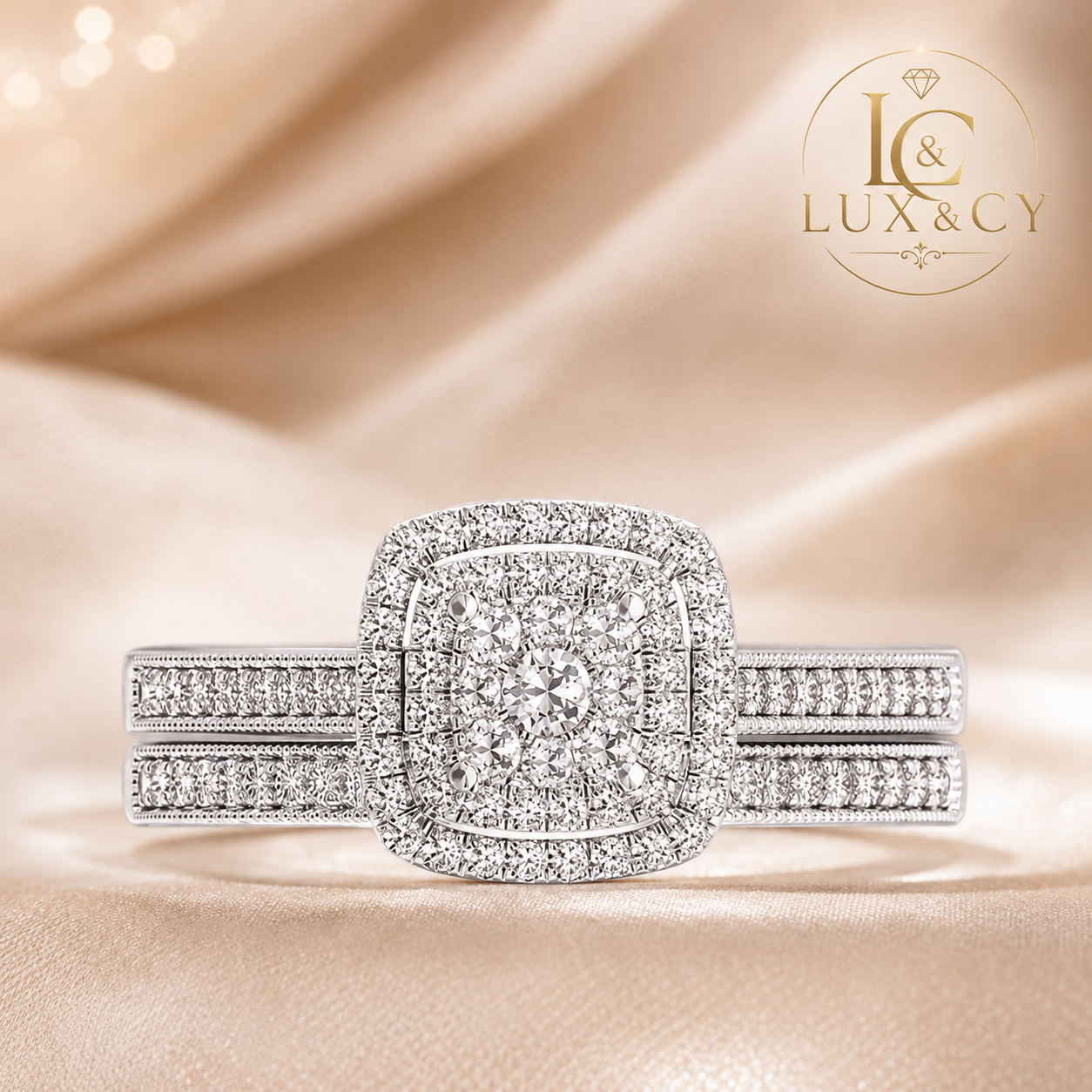 Ensemble Bague de Fiançailles 2 Pièces Moissanite, Bague Halo Argent 925, Alliance Assortie Femme, Bijou Luxe Mariage