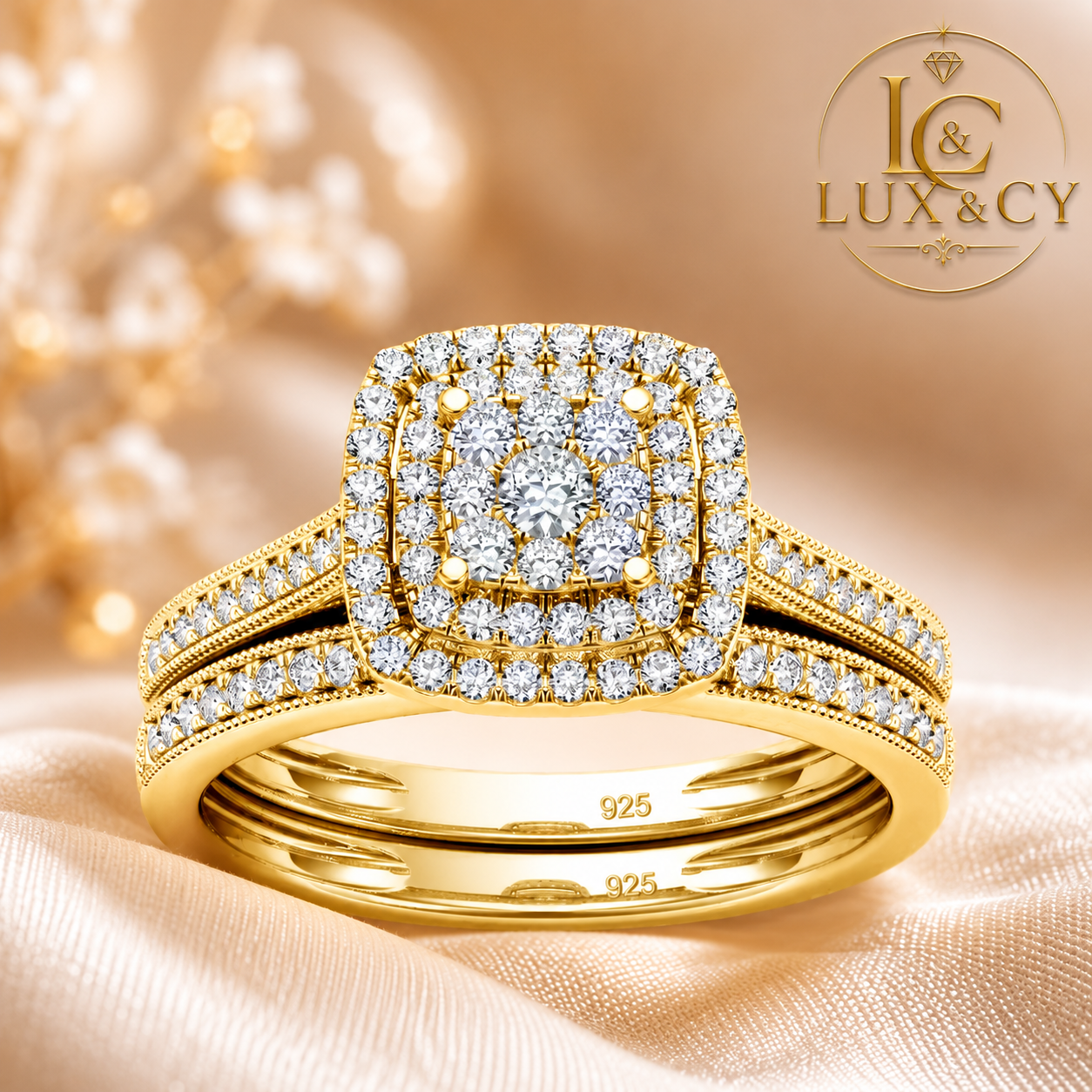 2 Piece Moissanite Engagement Ring Set, 925 Silver Halo Ring, Women's Matching Wedding Band, Luxury Wedding Jewelry