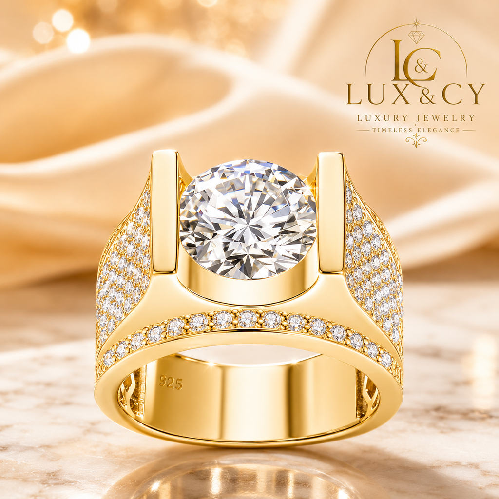 Bague Homme Moissanite 4CT 10mm avec Certificat, Argent 925 Plaqué Or, Style Hip Hop Luxe, Cadeau Mariage