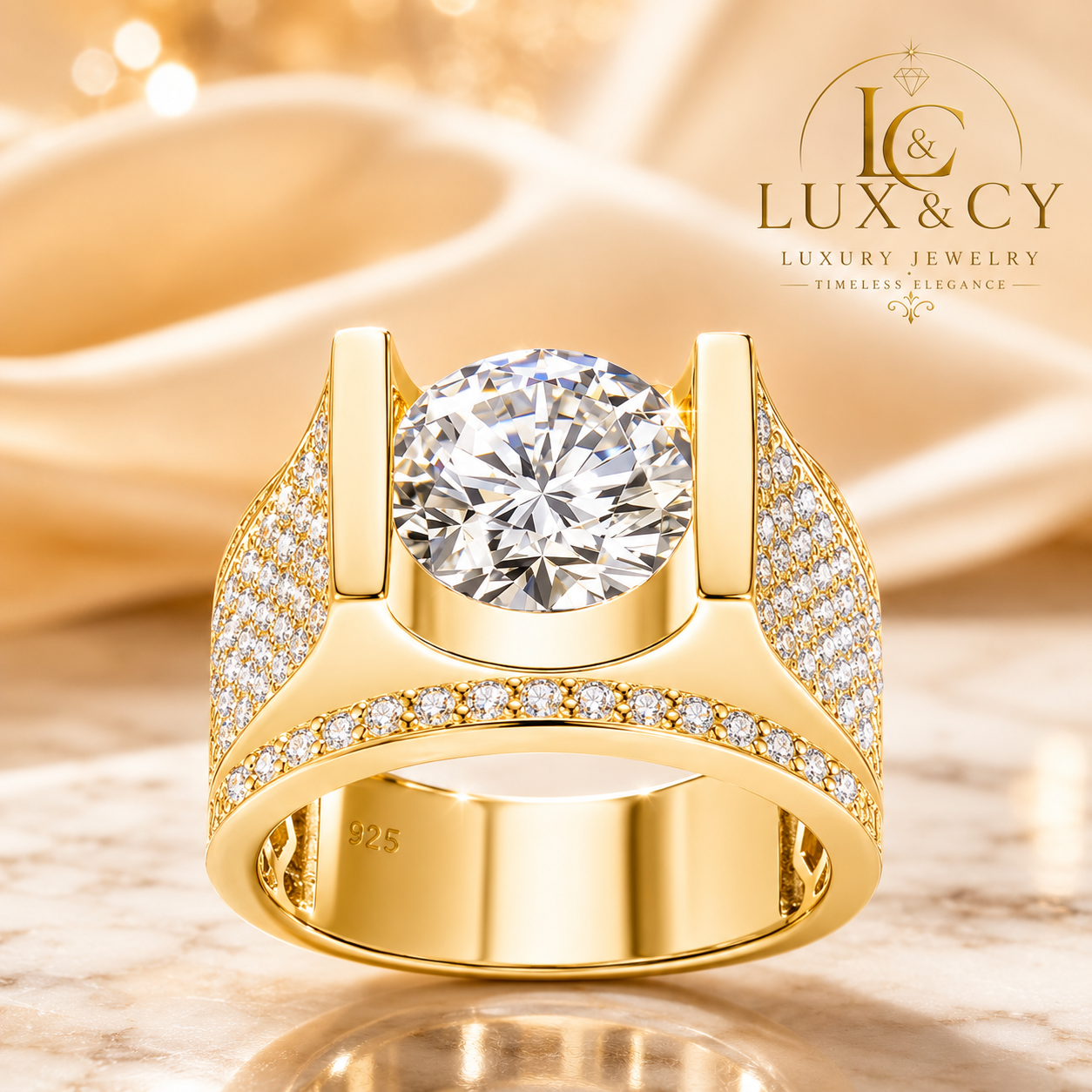 Bague Homme Moissanite 4CT 10mm avec Certificat, Argent 925 Plaqué Or, Style Hip Hop Luxe, Cadeau Mariage