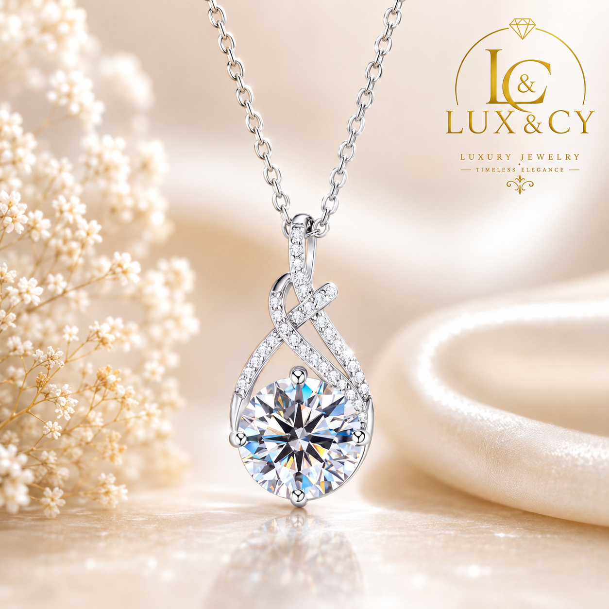 Genuine Moissanite Twisted Pendant Necklace 925 Sterling Silver Yellow Gold Plated with Certificate Luxury Women's Gift