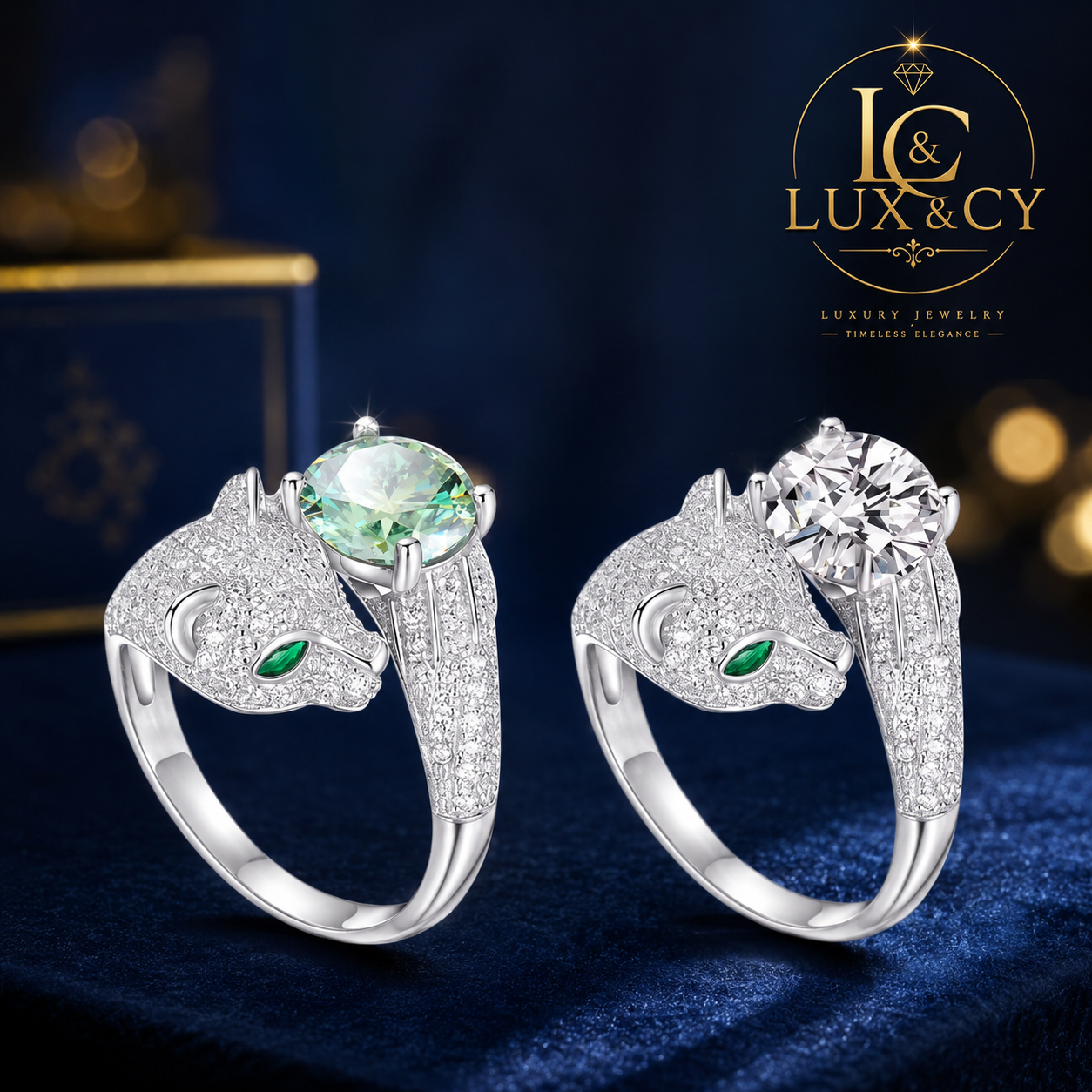 Women's 2CT Moissanite Leopard Ring, 925 Sterling Silver, Green Eye, 18K White Gold Plated, Unique Luxury Jewelry
