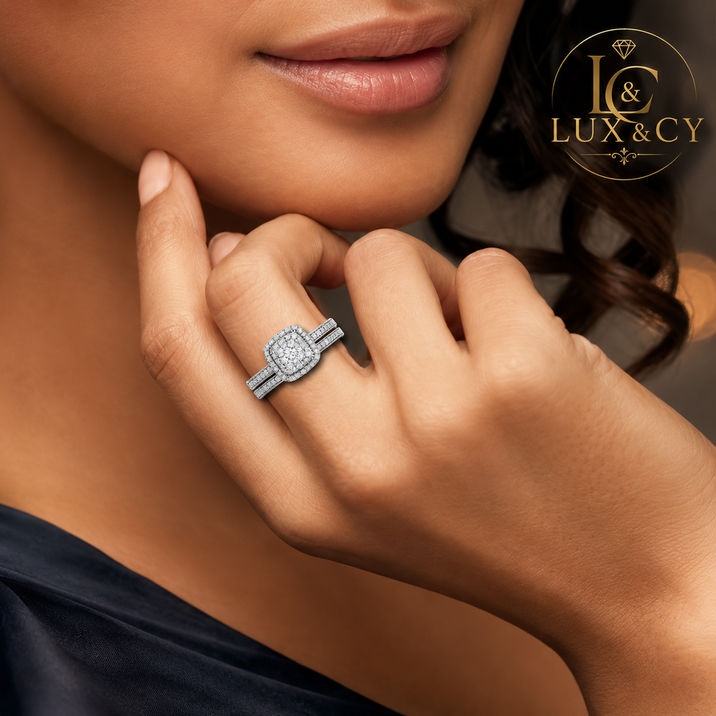 Ensemble Bague de Fiançailles 2 Pièces Moissanite, Bague Halo Argent 925, Alliance Assortie Femme, Bijou Luxe Mariage