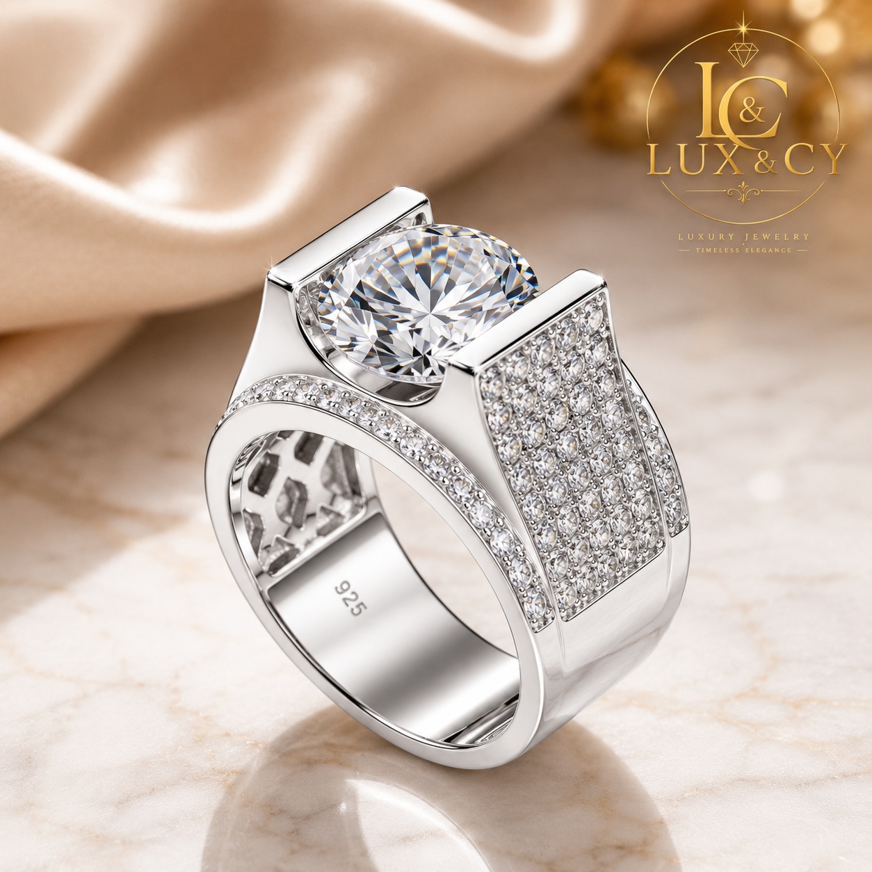Men's 4CT 10mm Moissanite Ring with Certificate, 925 Sterling Silver Gold Plated, Luxury Hip Hop Style, Wedding Gift