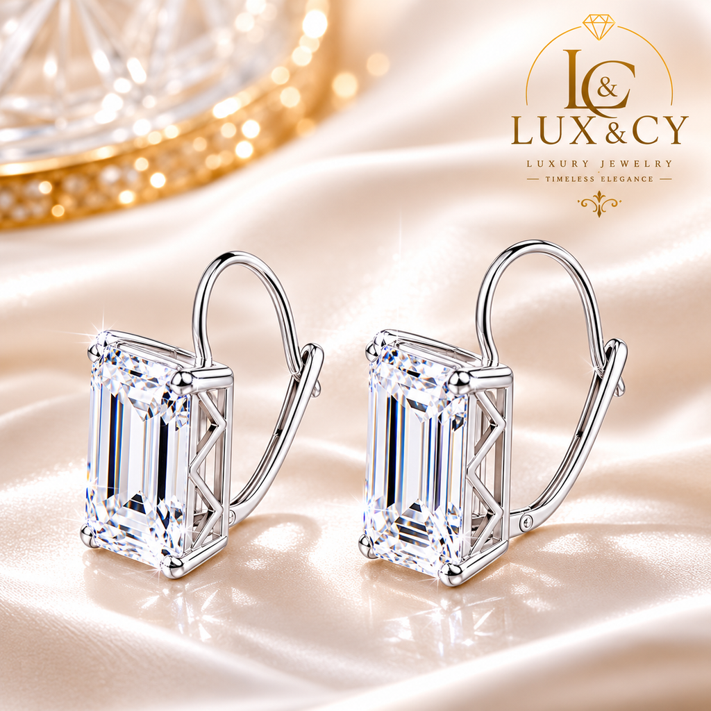 Boucles d'Oreilles Clip Moissanite Taille Émeraude Argent Sterling 925 Femme Élégantes Cadeau Anniversaire