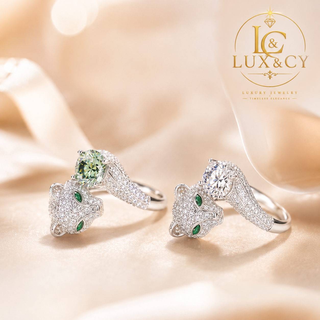 Women's 2CT Moissanite Leopard Ring, 925 Sterling Silver, Green Eye, 18K White Gold Plated, Unique Luxury Jewelry