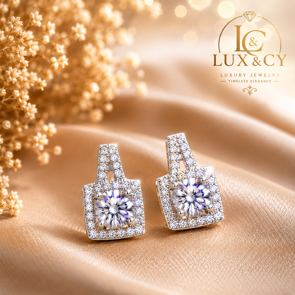 Boucles d'Oreilles Moissanite 1CT Taille Princesse PT950 Platine Poli Élégantes Intemporelles Femme