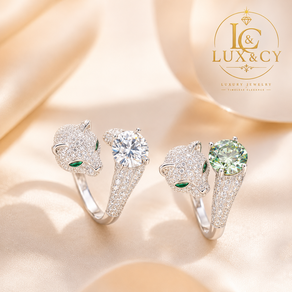 Women's 2CT Moissanite Leopard Ring, 925 Sterling Silver, Green Eye, 18K White Gold Plated, Unique Luxury Jewelry