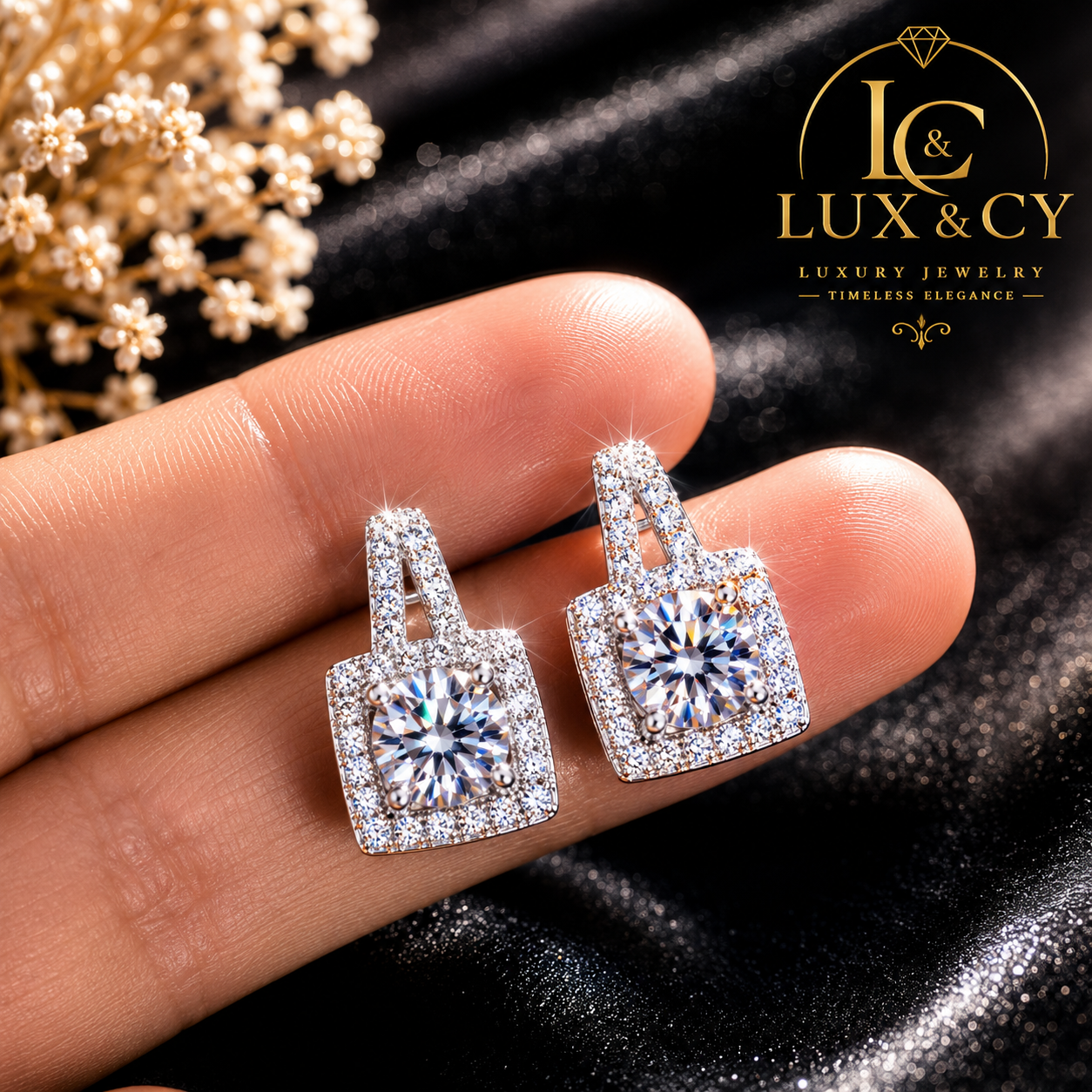 Boucles d'Oreilles Moissanite 1CT Taille Princesse PT950 Platine Poli Élégantes Intemporelles Femme