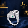 Women's 2CT Moissanite Leopard Ring, 925 Sterling Silver, Green Eye, 18K White Gold Plated, Unique Luxury Jewelry