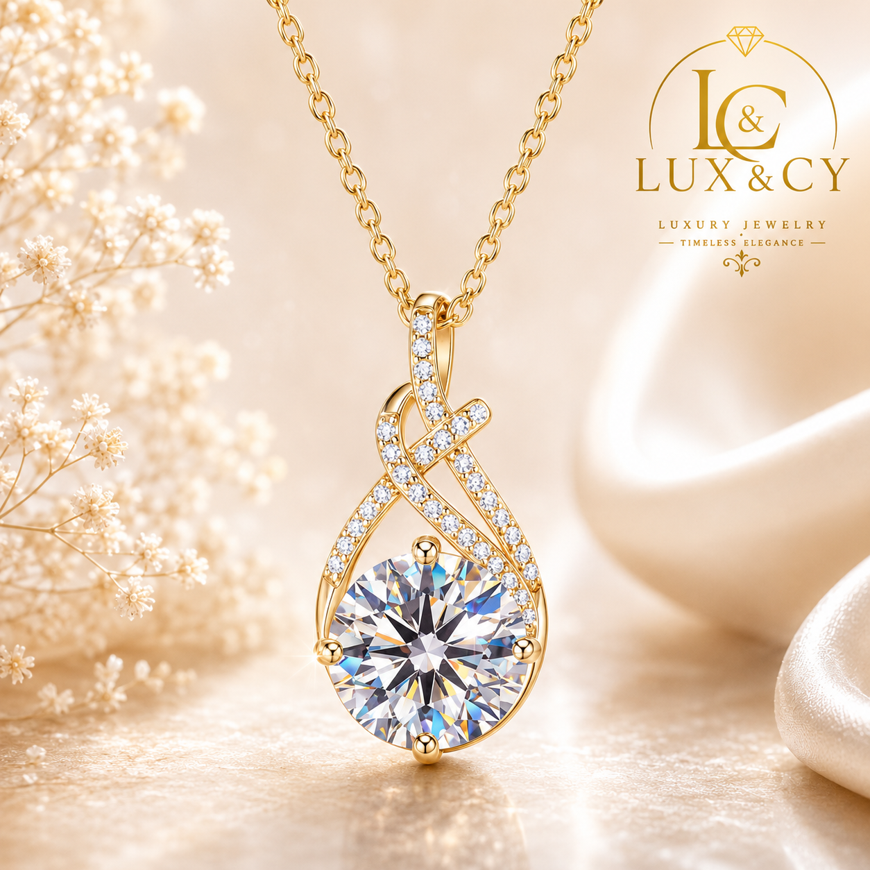 Genuine Moissanite Twisted Pendant Necklace 925 Sterling Silver Yellow Gold Plated with Certificate Luxury Women's Gift