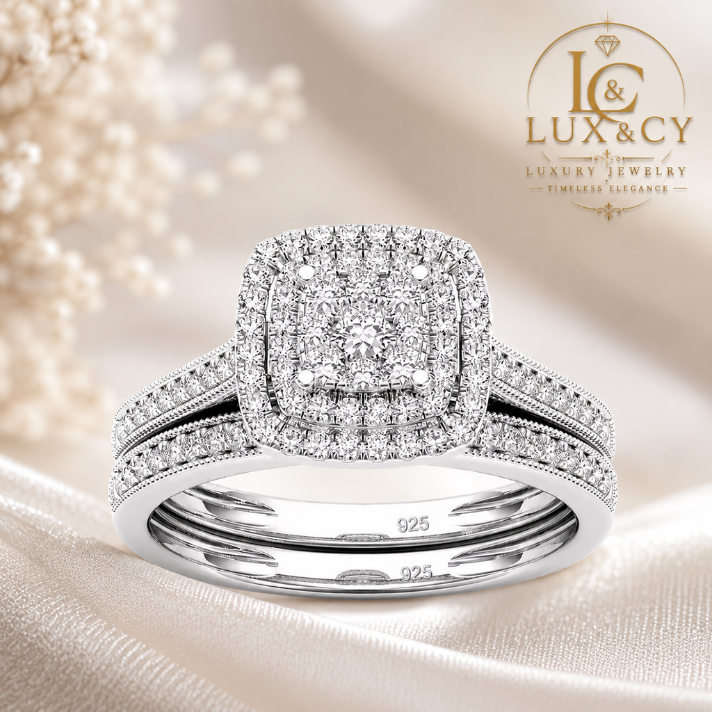 Ensemble Bague de Fiançailles 2 Pièces Moissanite, Bague Halo Argent 925, Alliance Assortie Femme, Bijou Luxe Mariage