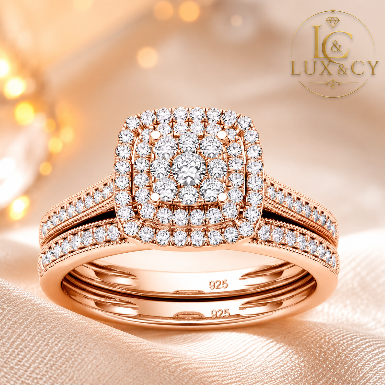 2 Piece Moissanite Engagement Ring Set, 925 Silver Halo Ring, Women's Matching Wedding Band, Luxury Wedding Jewelry