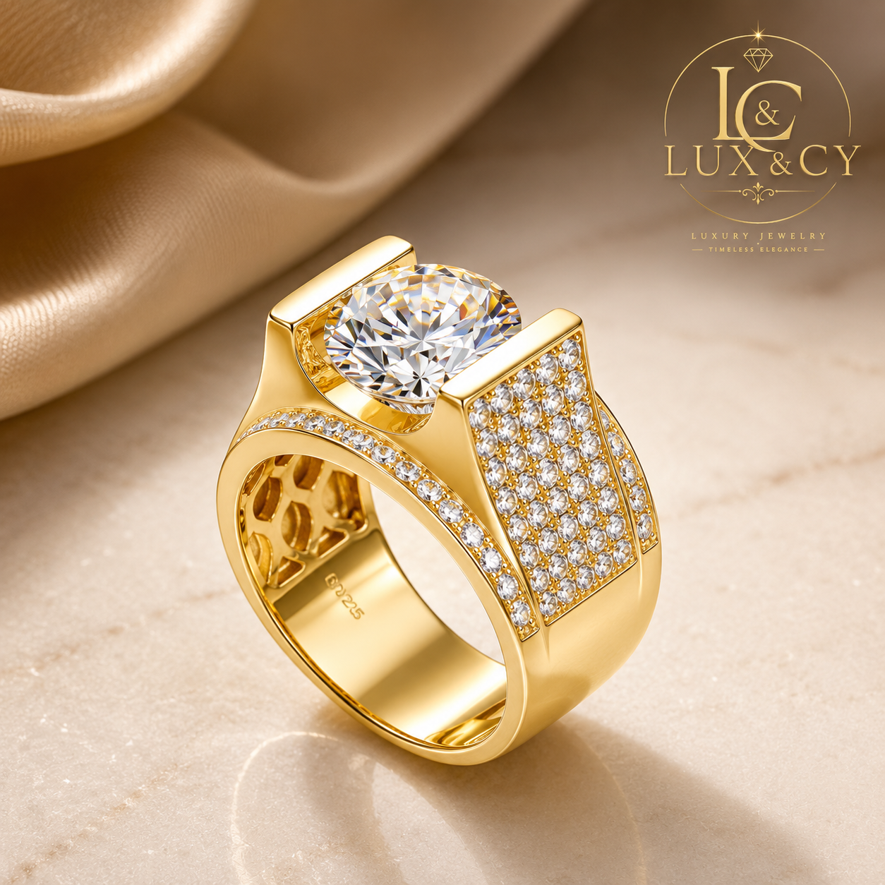Men's 4CT 10mm Moissanite Ring with Certificate, 925 Sterling Silver Gold Plated, Luxury Hip Hop Style, Wedding Gift