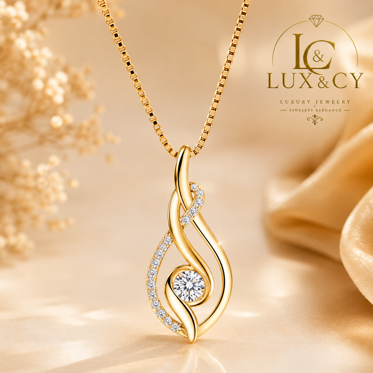 Collier Moissanite Véritable Pendentif Torsadé Argent Sterling 925 Plaqué Or Jaune Avec Certificat Cadeau Femme LuxeJe