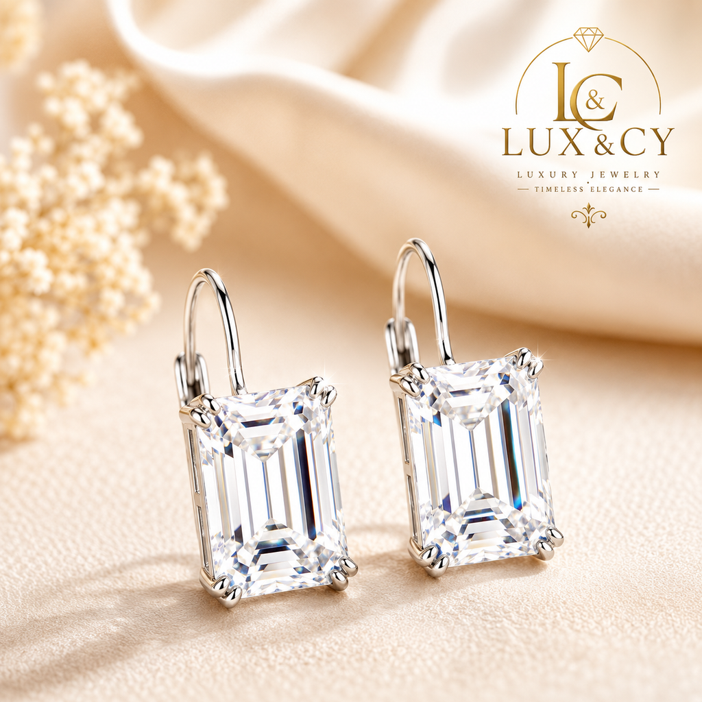 Boucles d'Oreilles Clip Moissanite Taille Émeraude Argent Sterling 925 Femme Élégantes Cadeau Anniversaire
