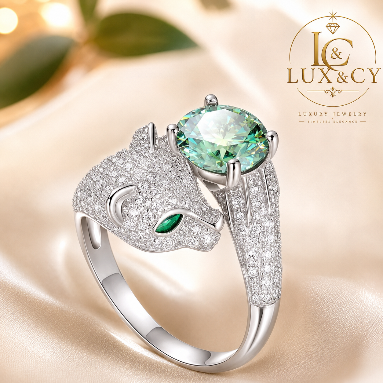 Women's 2CT Moissanite Leopard Ring, 925 Sterling Silver, Green Eye, 18K White Gold Plated, Unique Luxury Jewelry