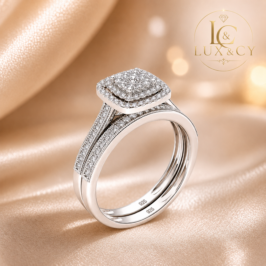 Ensemble Bague de Fiançailles 2 Pièces Moissanite, Bague Halo Argent 925, Alliance Assortie Femme, Bijou Luxe Mariage