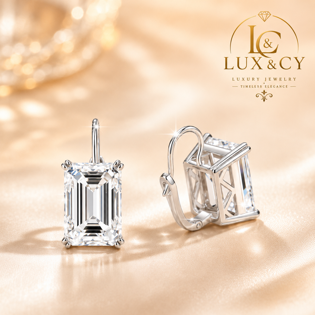 Boucles d'Oreilles Clip Moissanite Taille Émeraude Argent Sterling 925 Femme Élégantes Cadeau Anniversaire