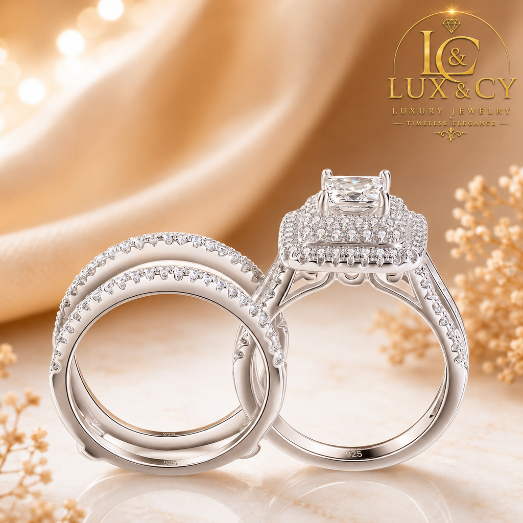 Ensemble de Bagues Moissanite 2 Pièces Femme Argent Sterling 925 Certifié Bagues de Fiançailles Mariage Luxe