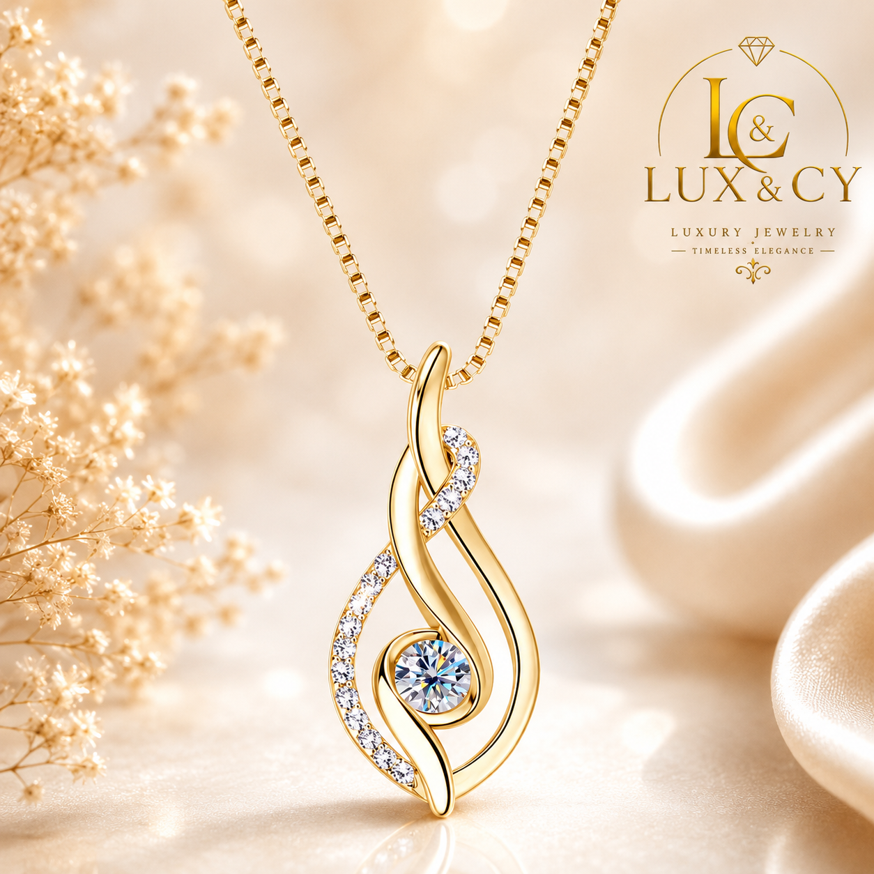 Genuine Moissanite Twisted Pendant Necklace 925 Sterling Silver Yellow Gold Plated with Certificate Luxury Women's Gift