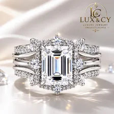 Ensemble Bagues Mariée Moissanite D VVS1, Coupe Émeraude Halo, Argent Sterling 925, Alliance Luxe 2 Pièces