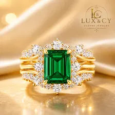 Ensemble Bagues Mariée Moissanite D VVS1, Coupe Émeraude Halo, Argent Sterling 925, Alliance Luxe 2 Pièces