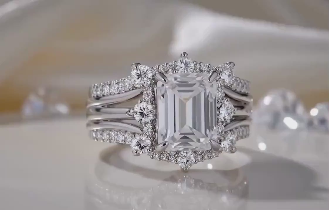 Ensemble Bagues Mariée Moissanite D VVS1, Coupe Émeraude Halo, Argent Sterling 925, Alliance Luxe 2 Pièces